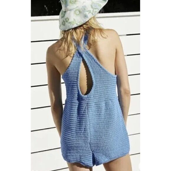 FREE PEOPLE Sz S CLEAR SKIES FAUXCHET SWEATER ROMPER PLAYSUIT BLUE ARROW - Picture 2 of 4